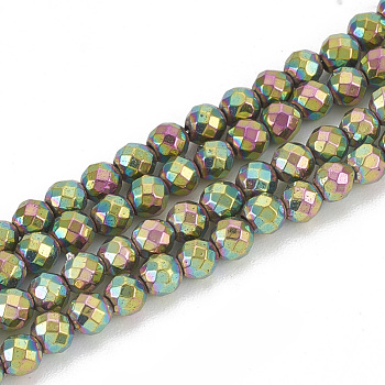 Electroplate Non-magnetic Synthetic Hematite Beads Strands, Round, Faceted, Rainbow Plated, 3x3mm, Hole: 0.8mm, about 130pcs/strand,15.7 inch