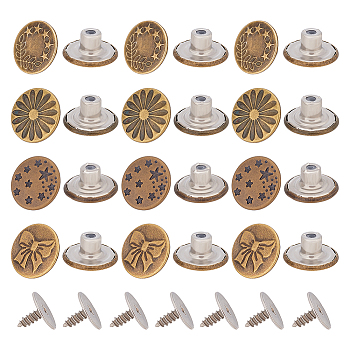 40 Sets 4 Style Brass Button Pins for Jeans, Nautical Buttons, Garment Accessories, Flat Round with Flower & Star & Bowknot, Antique Bronze & Platinum, 17x8.5~9mm, Hole: 1.5mm; 8x6mm, Pin: 2mm, 10 sets/style