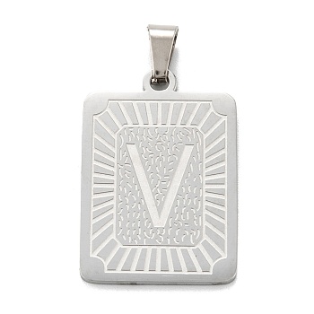 304 Stainless Steel Pendants, Rectangle with Alphabet, Letter.V, 30x20x1.5mm, Hole: 3x6mm