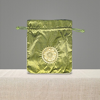 Chinese Style Brocade Drawstring Gift Blessing Bags, Jewelry Storage Pouches for Wedding Party Candy Packaging, Rectangle with Flower Pattern, Yellow Green, 18x15cm