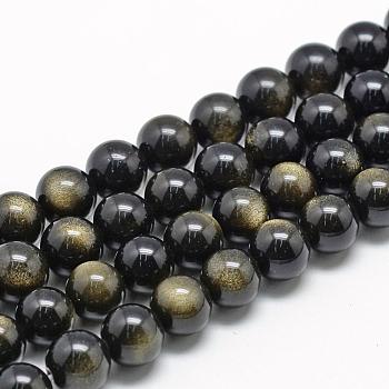 Natural Golden Sheen Obsidian Beads Strands, Grade A, Round, 13~14mm, Hole: 1mm, about 28pcs/strand, 15.7 inch