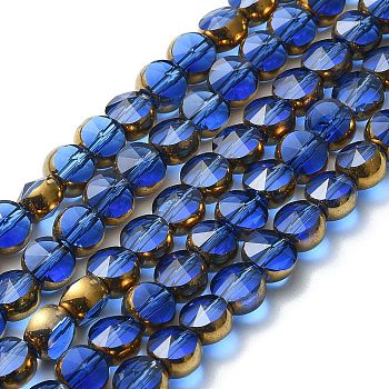 Half Plated Electroplate Transparent Glass Beads Strands, Antique Bronze Plated, Flat Round, Faceted, Medium Blue, 6x5mm, Hole: 1.2mm, about 50pcs/strand, 11.22''(28.5cm)