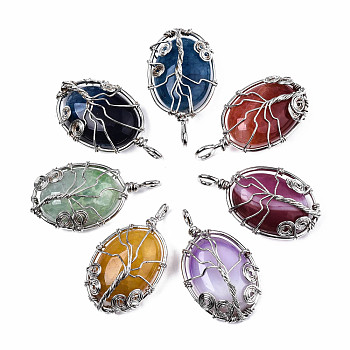 Natural Agate Pendants, with Platinum Tone Brass Wire Wrapped Pendants, Dyed, Oval, Mixed Color, 40~42x22.5~23.5x10~12mm, Hole: 3mm