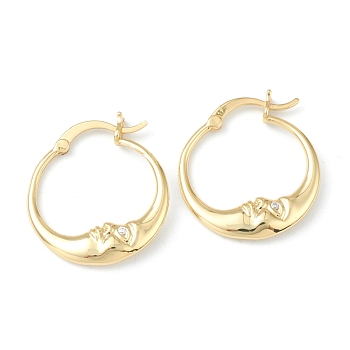 Brass Micro Pave Clear Cubic Zirconia Hoop Earrings, Crescent Moon Earrings, Real 24K Gold Plated, 28x24x4mm, Pin: 1mm