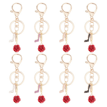 Plastic Rose with Alloy Enamel Rhinestone High-heeled Shoe Pendant Keychain, with Alloy Findings, Mixed Color, 9cm, 4 colors, 1pc/color, 4pcs/set