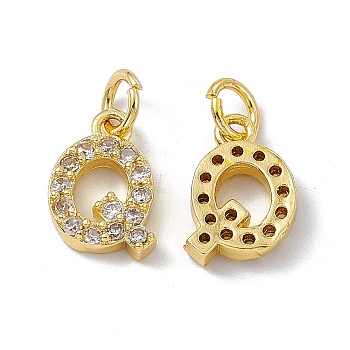 Real 18K Gold Plated Brass Micro Pave Clear Cubic Zirconia Charms, with Jump Ring, Letter.Q, 11.5x9x2.5mm, Hole: 3.4mm