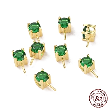 925 Sterling Silver Peg Bails, with Cubic Zirconia, Square, Golden, Green, 9x4x4.5mm, Hole: 2.5x1.5mm, Pin: 0.6mm