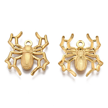 Halloween Theme 201 Stainless Steel Pendants, Spider Charm, Real 18K Gold Plated, 25x22.5x3mm, Hole: 1.8mm
