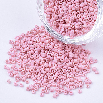 Glass Cylinder Beads, Seed Beads, Baking Paint, Round Hole, Pink, 1.5~2x1~2mm, Hole: 0.8mm, about 8000pcs/bag, about 85~95g/bag