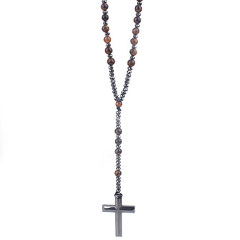 Natural Tiger Eye Rosary Bead Necklace, Synthetic Hematite Cross Pendant Necklace, 27.56 inch(70cm)