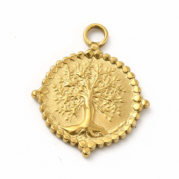 304 Stainless Steel Pendants, Flat Round with Tree of Life Charms, Golden, 22.5x18.5x2mm, Hole: 2.6mm