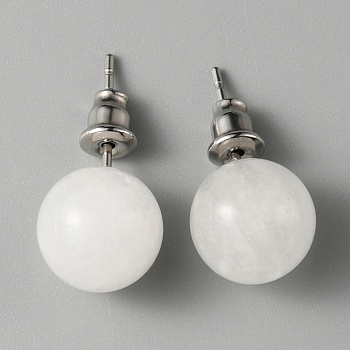 Natural Quartz Crystal Round Stud Earrings, Stainless Iron Jewelry for Women, 21~22x10~11mm, Pin: 0.8mm