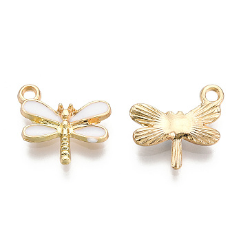 Light Gold Plated Alloy Charms, with Enamel, Dragonfly, White, 14.5x15.5x3mm, Hole: 1.8mm