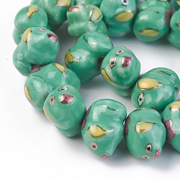 Handmade Porcelain Beads Strands, Ornamental With Gold, Cartoon Piggy, Green, 10.5~12.5x10.5~11.5x15.5~16.5mm, Hole: 1.5mm, about 24pcs/strand, 10.55 inch(26.8cm)