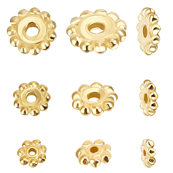 15Pcs 3 Size Sterling Silver Spacer Beads, Flower, Real 18K Gold Plated, 4.5~7.5x1.5mm, Hole: 0.8~1.6mm, 5Pcs/style