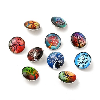 Mixed Color Tree Pattern Brass Buttons, Jewelry Snap Buttons, with Flat Round Glass Cabochons, 18x10mm, Knob: 5~5.5mm