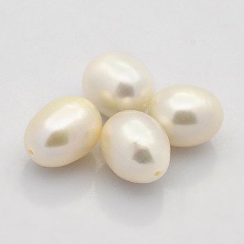 Natural Cultured Freshwater Pearl Beads, Half Drilled, Rice, Grade AAA, Beige, 10~12x8.5~9mm, Half Hole: 1mm