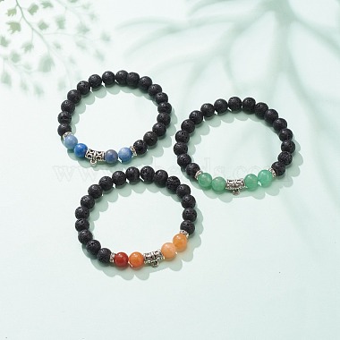 3Pcs 3 Style Natural Mixed Gemstone Round Beaded Stretch Bracelets Set with Alloy Tube for Women(BJEW-JB08477)-2