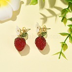 Handmade Lampwork & Acrylic Stud Dangle Earrings, Strawberry & Flower, Golden, 34.5x14mm(EJEW-JE07216)
