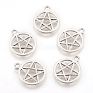 Tibetan Style Alloy Flat Round with Star Charms, Wicca Charms, Pentacle, Lead Free & Nickel Free, Antique Silver, 20.5x16.9x1.7mm, Hole: 2.2mm(X-TIBEP-5248-AS-FF)