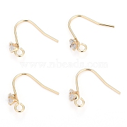 Brass Earring Hooks, Ear Wire, with Clear Cubic Zirconia and Horizontal Loop, Long-Lasting Plated, Real 14K Gold Plated, 16mm, 20 Gauge, Pin: 0.8mm(KK-I681-14G)