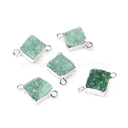 Natural Druzy Quartz Links connectors, with Brass Findings, Square, Silver, Green, 16~18x13~14x6~8mm, Hole: 2mm(G-P396-09S-05)