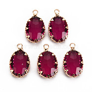 Transparent Glass Pendants, with Brass Prong Settings, Faceted, Oval, Light Gold, Medium Violet Red, 19x11x5.5mm, Hole: 1.6mm(GLAA-S193-006-A02)