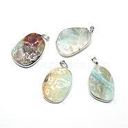 Natural Flower Amazonite Pendants, with Platinum Tone Brass Findings, Nuggets, 52.5~56x34~38x6.5~9mm, Hole: 5.5x9mm(G-T010-20)