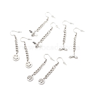 Curb Chains with Charm Long Dangle Earrings, 304 Stainless Steel Jewelry for Women, Mixed Patterns, 53~58mm, Pin: 0.7mm, Pendant: 11.5~13x10~17x1~4mm(EJEW-JE04963)