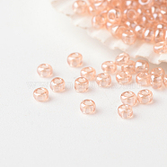 12/0 Grade A Round Glass Seed Beads, Transparent Colours Lustered, Misty Rose, 2x1mm, Hole: 0.5mm, about 60000pcs/pound(SEED-A022-F13-509)