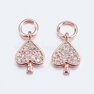 Brass Micro Pave Cubic Zirconia Charms, Heart, Rose Gold, 10.5x7x1mm, Hole: 3mm(ZIRC-G128-05RG)