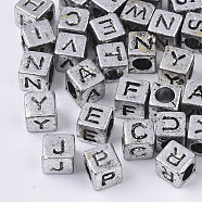 Plated Acrylic Beads, Horizontal Hole, Cube with Random Initial Letter, Antique Silver, 6x6x6mm, Hole: 3.5mm, about 2500pcs/500g(MACR-S299-051C)