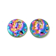 Ion Plating(IP) 304 Stainless Steel Pendants, Textured, Flat Round Charm, Rainbow Color, 8x1mm, Hole: 1.2mm(STAS-B032-26MC)
