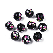 Opaque Printed Acrylic Beads, Round with Flower, Black, 9x9.5mm, Hole: 1.8mm(MACR-T043-03I)