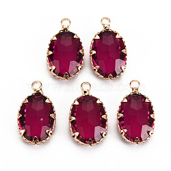 Transparent Glass Pendants, with Brass Prong Settings, Faceted, Oval, Light Gold, Medium Violet Red, 19x11x5.5mm, Hole: 1.6mm(GLAA-S193-006-A02)