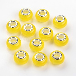 Large Hole Rondelle Resin European Beads, with Silver Plated Brass Cores, Imitation Cat Eye, Yellow, 13.5~14x9mm, Hole: 5mm(RPDL-J050-09)