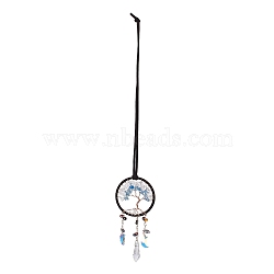 Iron Hanging Suncatchers, with Glass and Kyanite Beads, Ribbon, Covered with Leather and Brass Cord, Flat Round with Tree of Life, Colorful, 430mm(AJEW-B017-27)