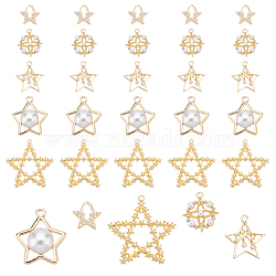 PandaHall Elite 40Pcs 5 Style Alloy Pendants, with ABS Plastic Imitation Pearl, Star, White, Light Gold, 26x23x7mm, Hole: 2.5mm, 8pcs/style(FIND-PH0004-11)