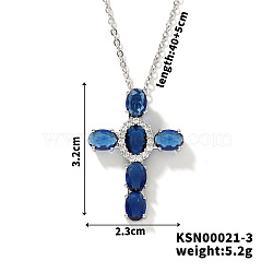 Brass Pave Cubic Zirconia Cross Pendant Necklaces, Western Style Jewelry for Women Men, Platinum, Blue, 15.75 inch(40cm)(CU6638-2)