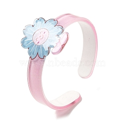 Flower Resin Cuff Bangle for Children, Sky Blue, Wide: 9.5~28mm, Inner Diameter: 1-3/4 inch(4.6cm)(BJEW-Q774-01C)