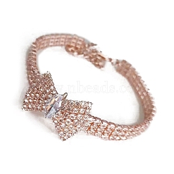 Adjustable 3-Row Brass Micro Pave Cubic Zirconia Cup Chain Pet Collars, Slider Bowknot Cat Dog Choker Necklace, Rose Gold, 245mm(PW-WG63250-08)