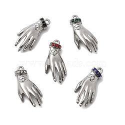 304 Stainless Steel Micro Pave Rhinestone Pendants, Hand Charms, Stainless Steel Color, Mixed Color, 21.5x10x6mm, Hole: 1.2mm(STAS-G369-09P)