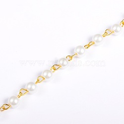 Handmade Round Glass Pearl Beads Chains for Necklaces Bracelets Making, with Golden Iron Eye Pin, Unwelded, White, 39.3 inch, Bead: 6mm(AJEW-JB00036-01)