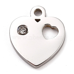 304 Stainless Steel Charms, Manual Polishing, with Crystal Rhinestone, Heart, for Valentine's day, Stainless Steel Color, 12.5x11x1.2mm, Hole:1.8mm(STAS-L245-001P)