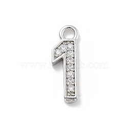 Brass Micro Pave Clear Cubic Zirconia Pendants, Number Charms, Number 1, 12x7x1mm, Hole: 1.6mm(ZIRC-I067-02B)