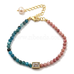 Round Natural Apatite & Rhodonite Beaded Bracelets, Rectangle Brass Pave Clear Glass Bracelets with Natural Pearl for Women, Real 14K Gold Plated, 6-1/8 inch(15.6cm)(BJEW-M315-03G)