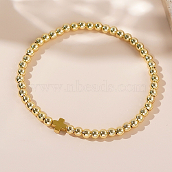 Easter Round Brass Beaded Stretch Bracelets, Cross Bracelets for Women Men, Real 18K Gold Plated(UB1262-2)