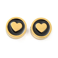 Ion Plating(IP) Rack Plating 316L Surgical Stainless Steel Beads, with Enamel, Real 18K Gold Plated, Flat Round with Heart, Black, 8x3.5mm, Hole: 2mm(STAS-M324-03G-01)
