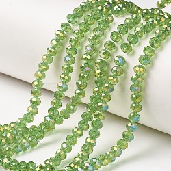Electroplate Transparent Glass Beads Strands, Full Rainbow Plated, Faceted, Rondelle, Lawn Green, 6x5mm, Hole: 1mm, about 85~88pcs/strand, 16.1~16.5 inch(41~42cm)(EGLA-A034-T6mm-T01)