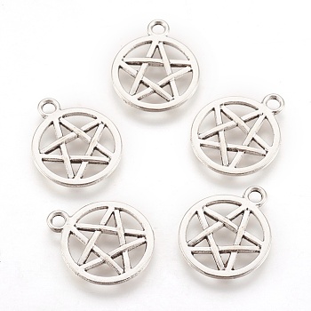 Tibetan Style Alloy Flat Round with Star Charms, Wicca Charms, Pentacle, Lead Free & Nickel Free, Antique Silver, 20.5x16.9x1.7mm, Hole: 2.2mm